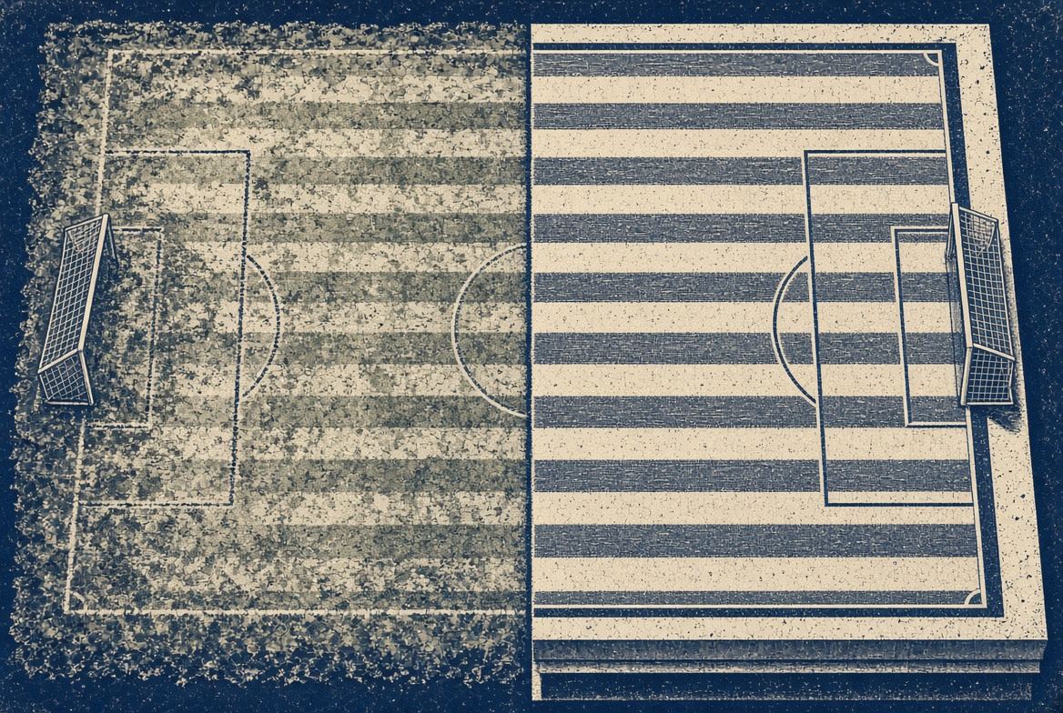 A football pitch split at the halfway line. The left half is patchy and worn; the right half is crisp, evenly striped and raised on a platform above it.